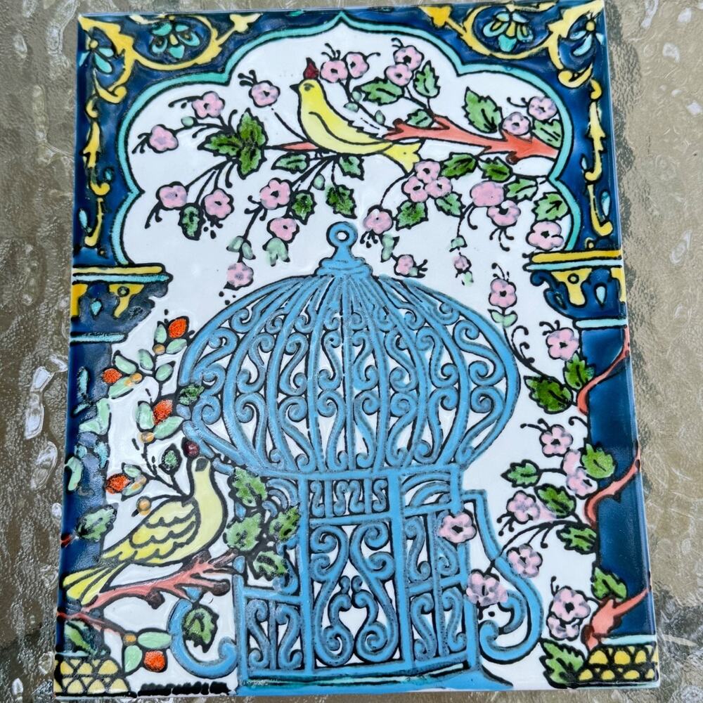 Tile Birdcage Birds Wall Art Hand-Painted Decorative Garden Folk Art Decor